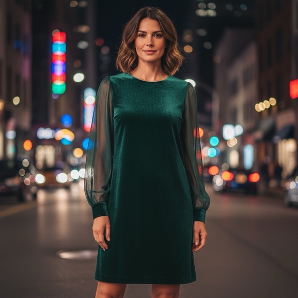 J. Crew Factory NWT Forest Green Velvet Holiday Party Shear Sleeve Mini Dress - Picture 6 of 14